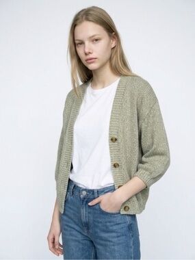 LOFT Sage Green Button-Front Knit Cardigan
